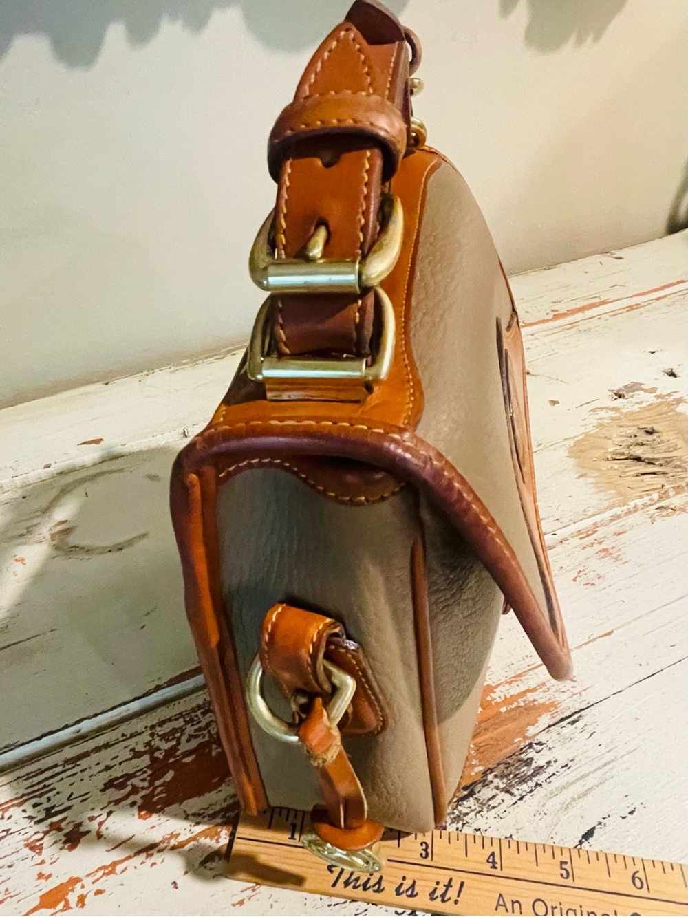 Dooney & Bourke  AWL CarrierTan and Taupe Leather Crossbody Satchel - Picture 11 of 16